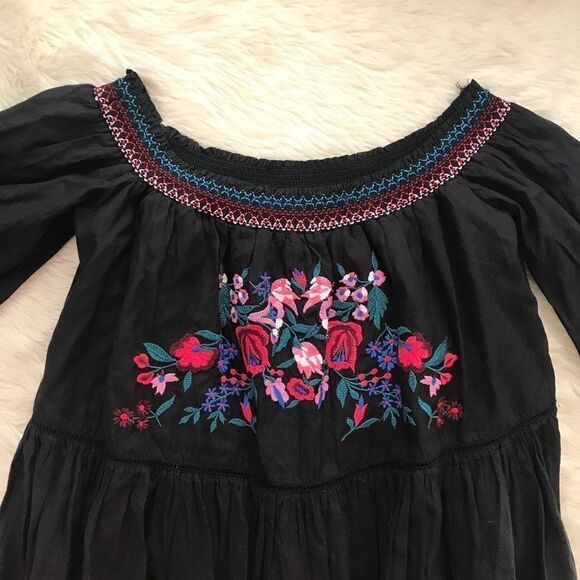 FREE PEOPLE Off The Shoulder Babydoll Tiered Mini Dress Embroidered Black XS New - Picture 6 of 13